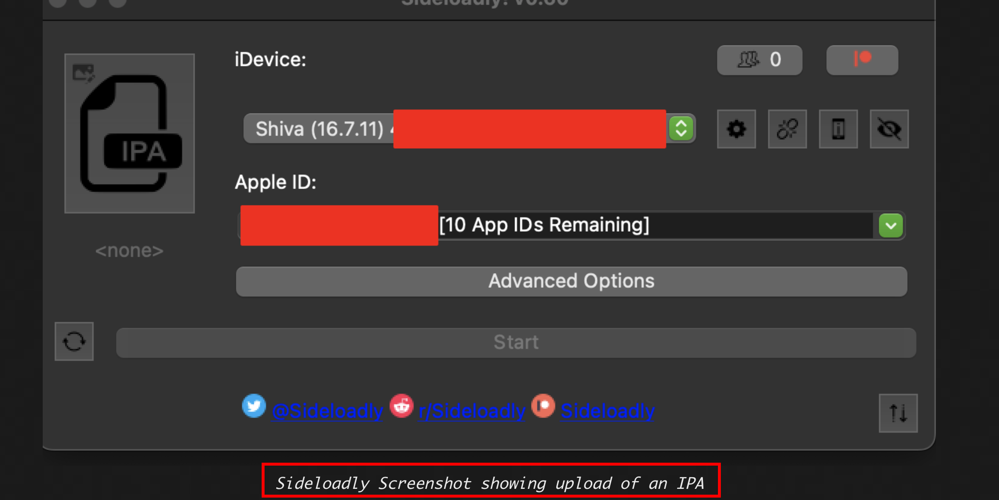 A screenshot showing the screenshot (including caption) of the sideloadly ui for uploading an ipa to an iPhone