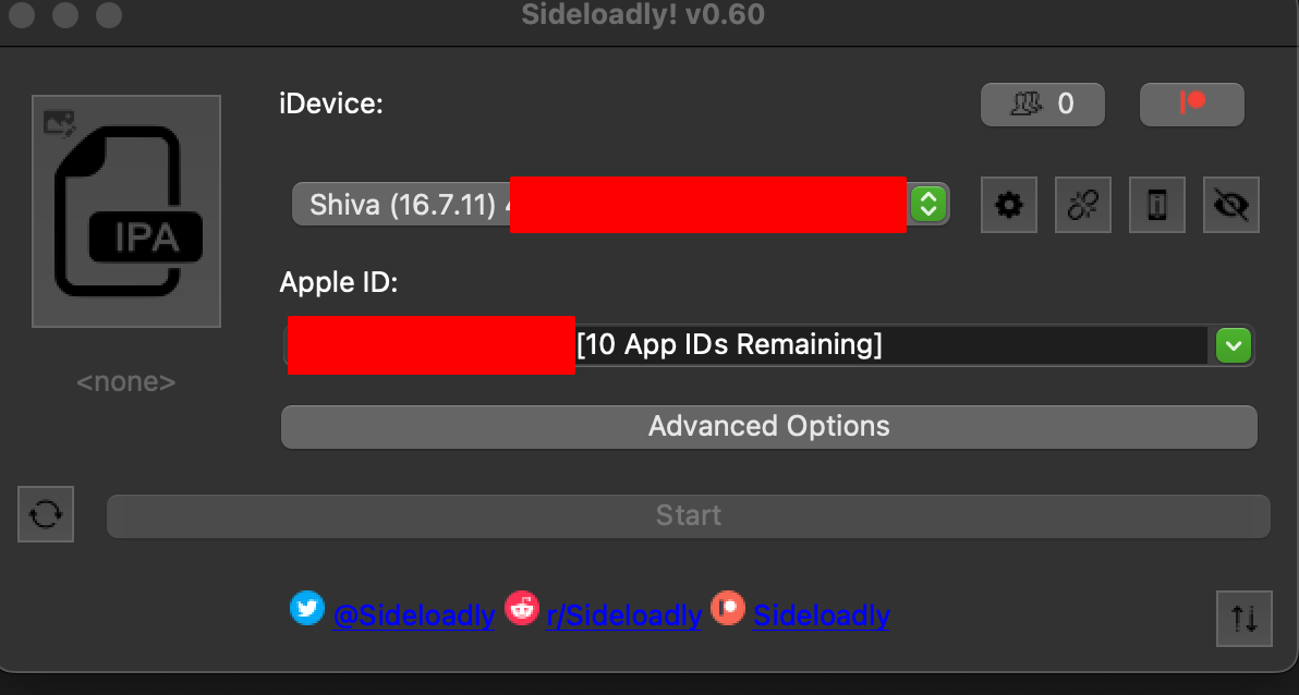 Sideloadly Screenshot showing upload of an IPA