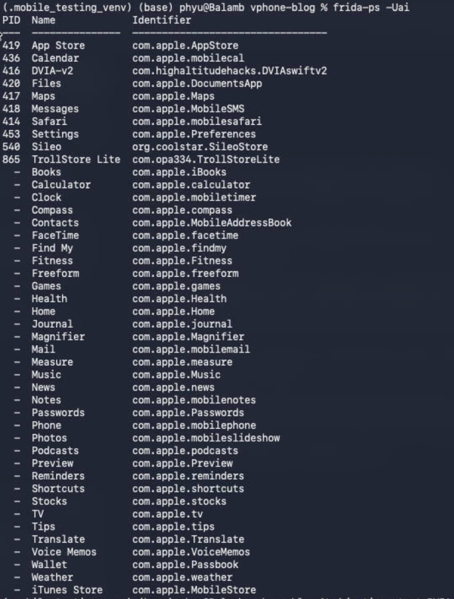 List of processes on the device
